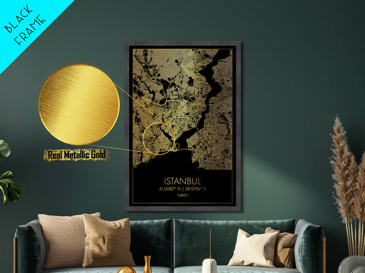 Istanbul Turkey City Poster, Metallic Gold Art, Metal Art, real wood frames, black and gold, Minimalist Wall Art, Map Print Poster