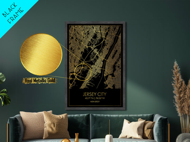 Jersey City New Jersey City Poster, Metallic Gold Art, Metal Art, real wood frames, black and gold, Minimalist Wall Art, Map Print Poster
