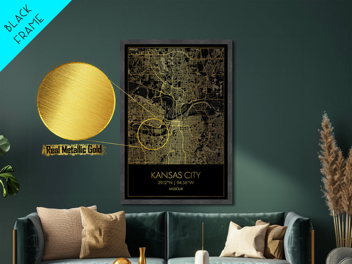 Kansas City Missouri City street map, Metallic Gold Print, Metal Art, wood framed map, black and gold, Street Map Art, Office Decor