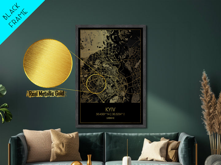 Kyiv Ukraine City street map, Metallic Gold Print, Metal Art, wood framed map, black and gold, Gold Street Map Art, Modern Wall Art