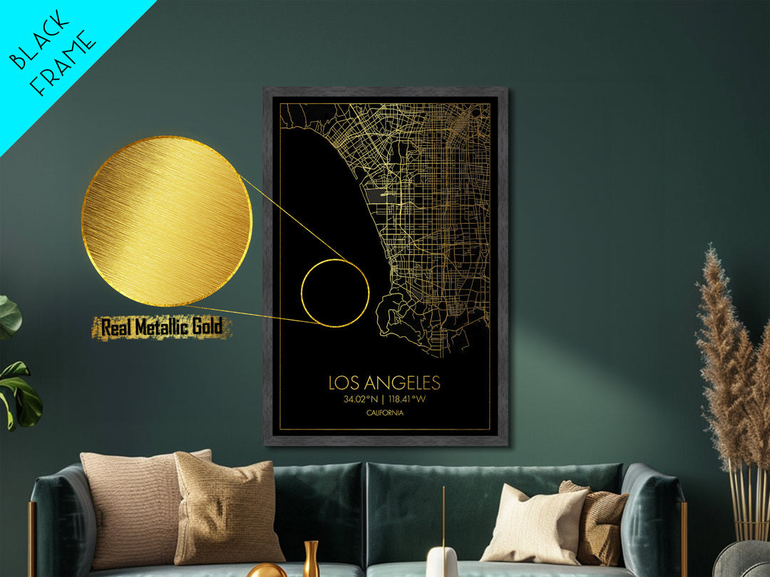 Los Angeles California City street map, Metallic Gold Print, Metal Art, wood framed map, black and gold, Street Map Art, Office Decor