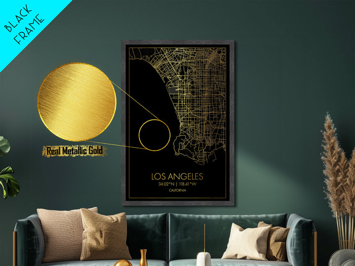 Los Angeles California City street map, Metallic Gold Print, Metal Art, wood framed map, black and gold, Street Map Art, Office Decor