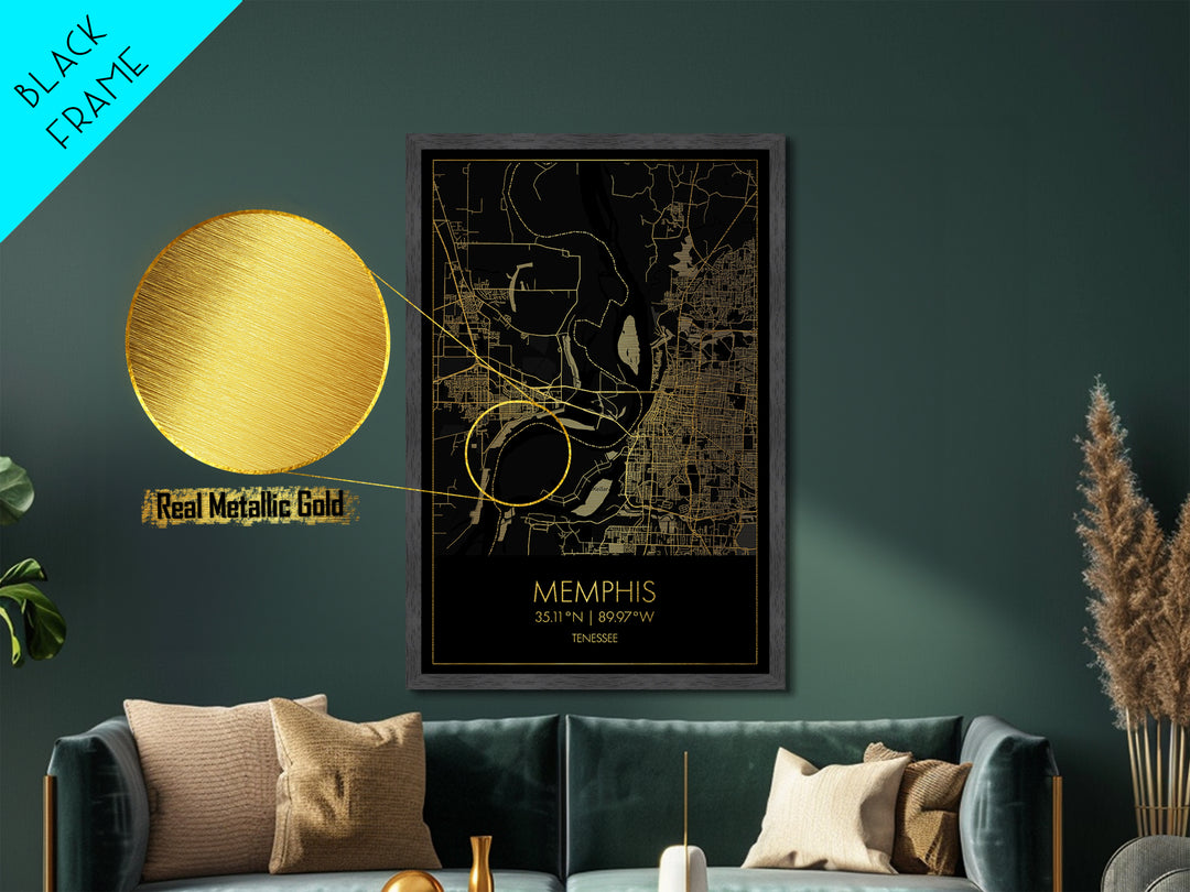 Memphis Tennessee City street map, Metallic Gold Print, Metal Art, wood framed map, black and gold, Street Map Art, Office Decor