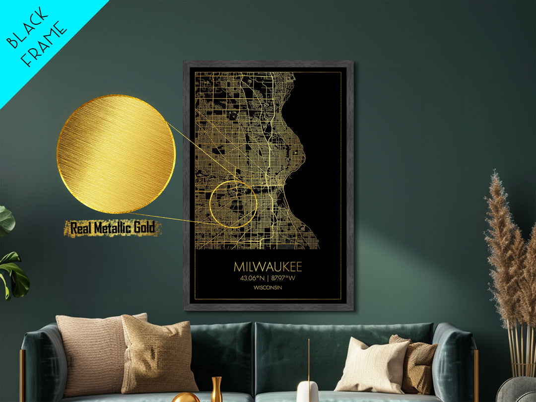 Milwaukee Wisconsin City street map, Metallic Gold Print, Metal Art, wood framed map, black and gold, Street Map Art, Office Decor