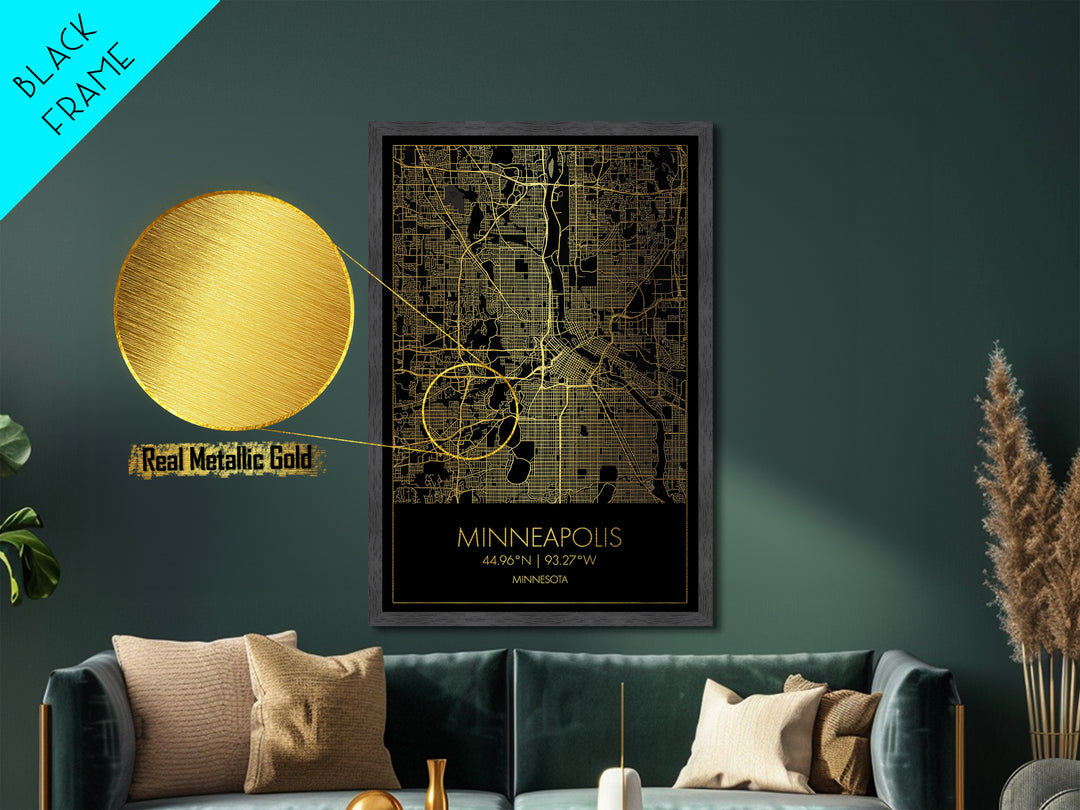 Minneapolis Minnesota City Poster, Metallic Gold Art, Metal Art, real wood frames, black and gold, Map Art, Best Friend Gifts