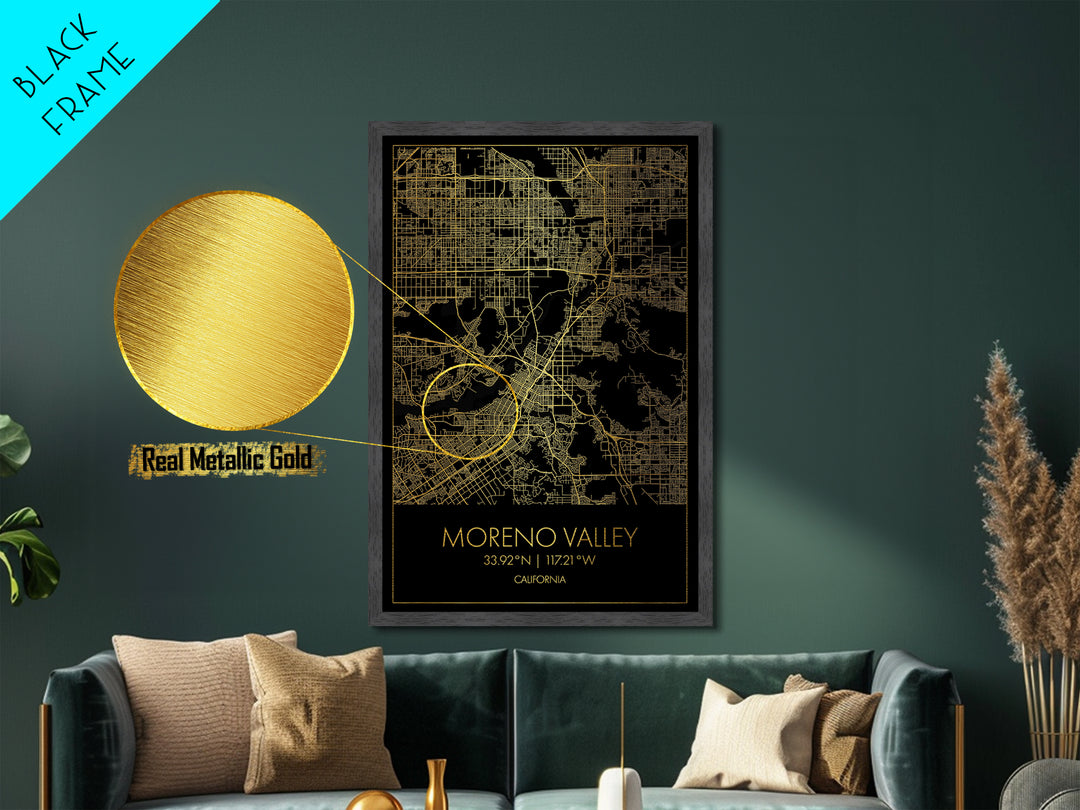 Moreno Valley California City Poster, Metallic Gold Art, Metal Art, real wood frames, black and gold, Map Art, Best Friend Gifts