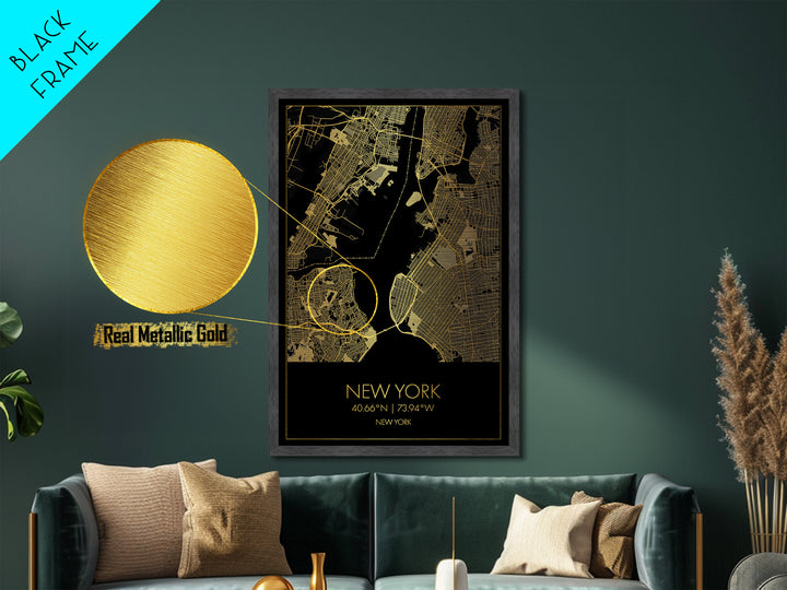 New York New York City street map, Metallic Gold Print, Metal Art, wood framed map, black and gold, Street Map Art, Office Decor