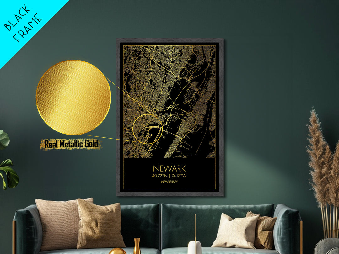 Newark New Jersey City Poster, Metallic Gold Art, Metal Art, real wood frames, black and gold, Map Art, Best Friend Gifts