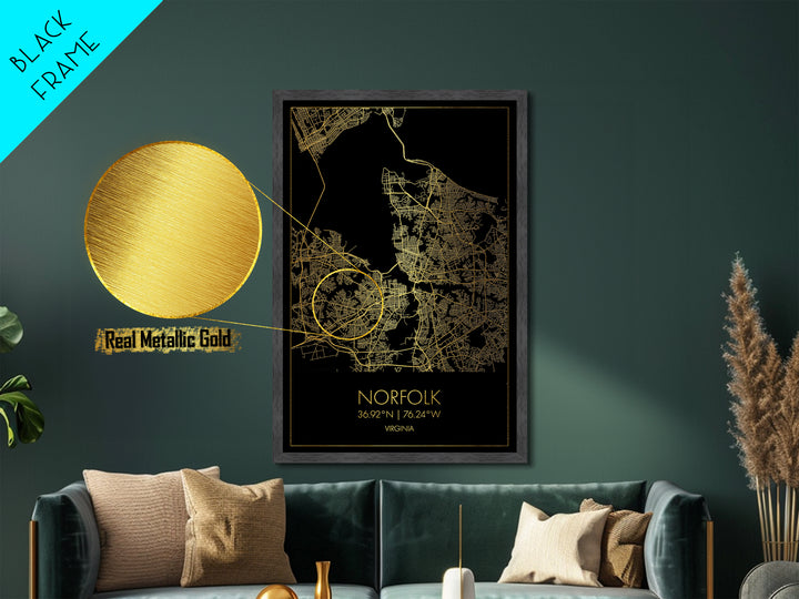 Norfolk Virginia City Poster, Metallic Gold Art, Metal Art, real wood frames, black and gold, Map Art, Best Friend Gifts