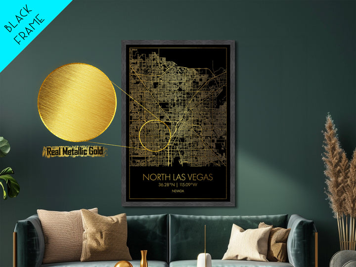 North Las Vegas Nevada map, Metallic Gold Print, Metal Art, wood framed map, black and gold, Gold Street Map Art, Modern Wall Art