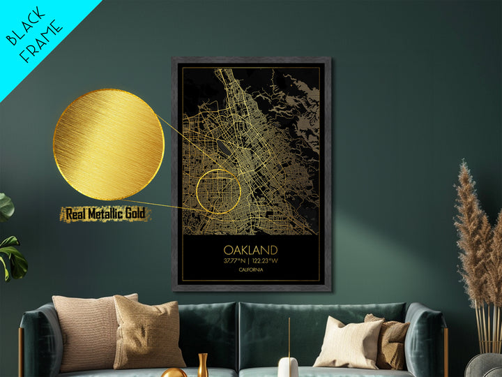 Oakland California City Poster, Metallic Gold Art, Metal Art, real wood frames, black and gold, Minimalist Wall Art, Map Print Poster