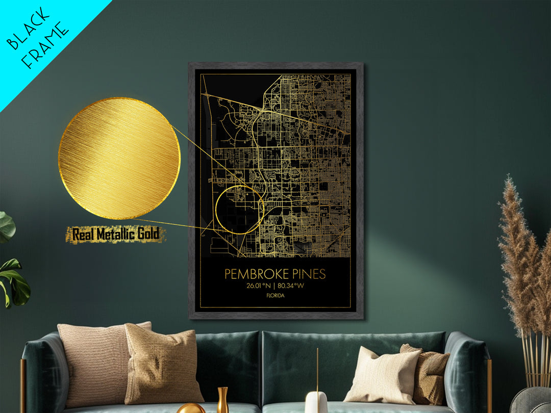 Pembroke Pines Florida City Poster, Metallic Gold Art, Metal Art, real wood frames, black and gold, Map Art, Best Friend Gifts