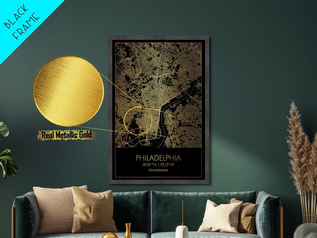 Philadelphia Pennsylvania City Poster, Metallic Gold Art, Metal Art, real wood frames, black and gold, Minimalist Wall Art, Map Print Poster