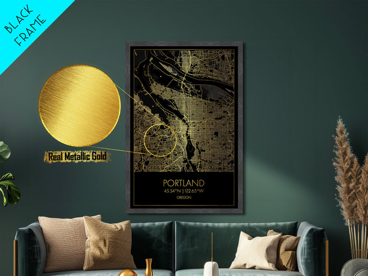 Portland Oregon City street map, Metallic Gold Print, Metal Art, wood framed map, black and gold, Street Map Art, Office Decor