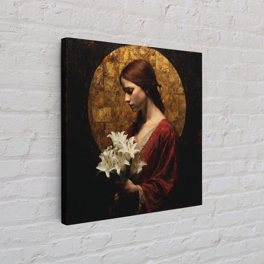 Saint Like Figure Holding White Lilies Framed Canvas Print, Renaissanceinspired Art, Floral Print, Living Room Decor, Classic, REN-1x1-37