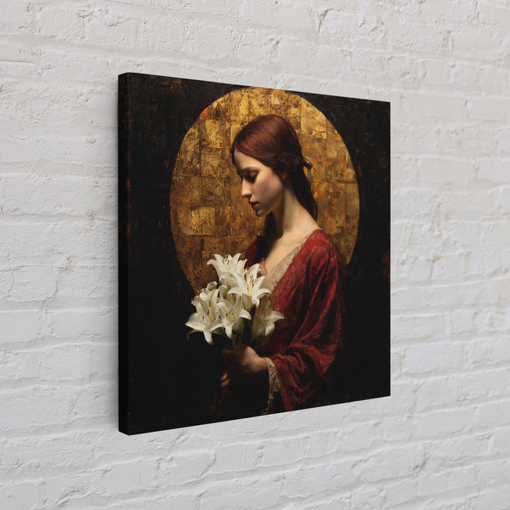 Saint Like Figure Holding White Lilies Framed Canvas Print, Renaissanceinspired Art, Floral Print, Living Room Decor, Classic, REN-1x1-37