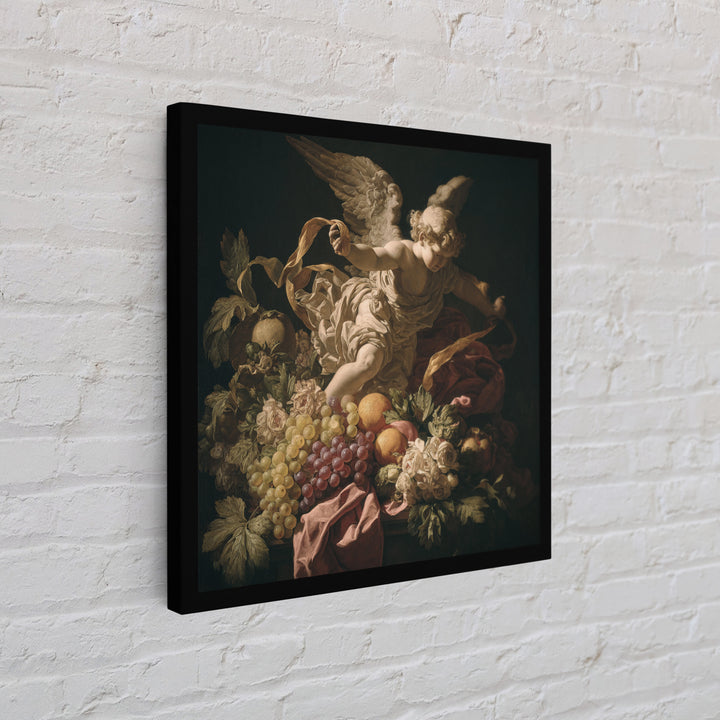 Cherub Holding a Ribbon Among Clouds Framed Canvas Print, Renaissanceinspired Art, Fantasy Decor, Living Room Decor, Classic, REN-1x1-78