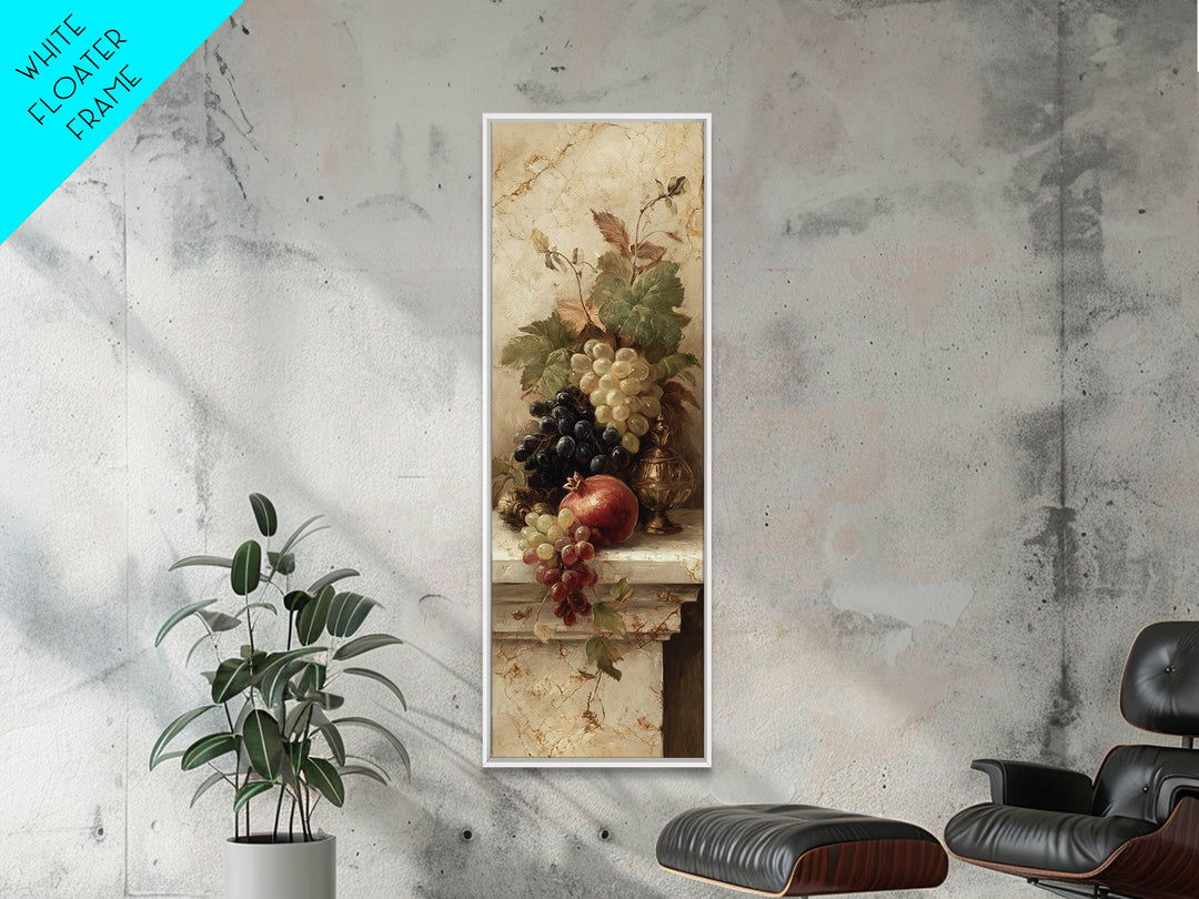 Pomegranate and Grapes on Marble Ledge Framed Canvas Print, Renaissanceinspired Art, Cat Painting, Living Room Decor, Classic, REN-1x3-29