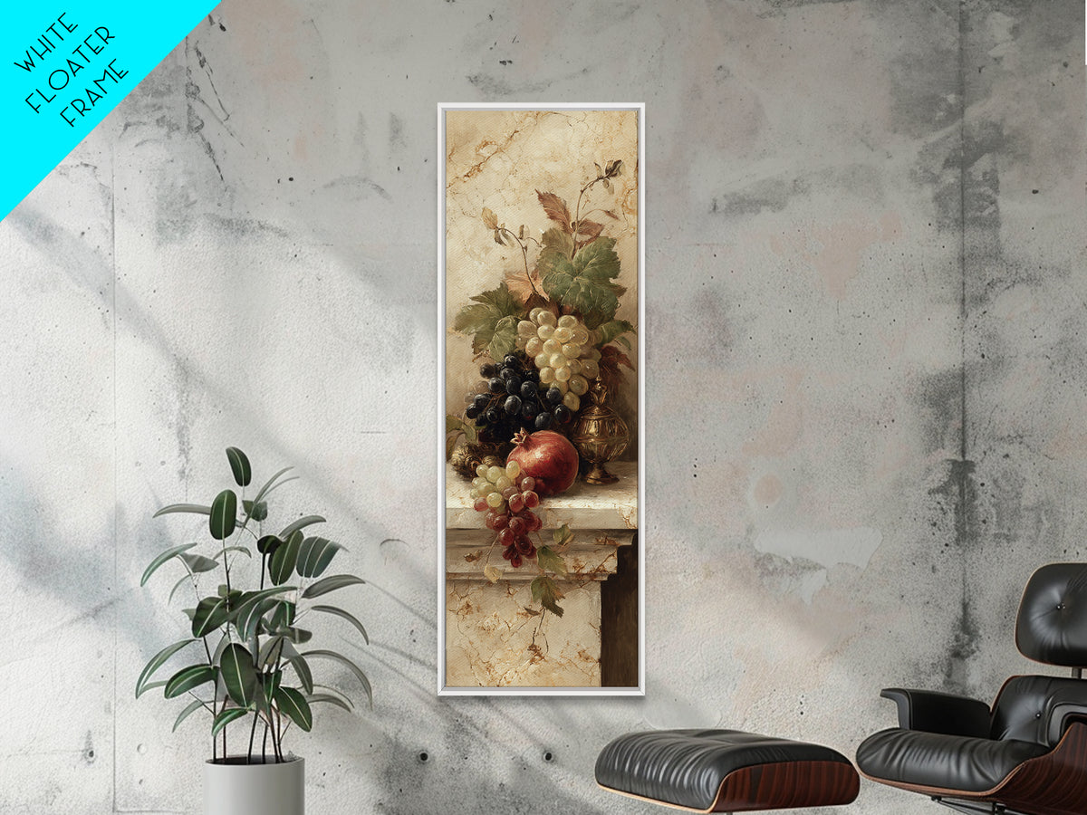 Pomegranate and Grapes on Marble Ledge Framed Canvas Print, Renaissanceinspired Art, Cat Painting, Living Room Decor, Classic, REN-1x3-29
