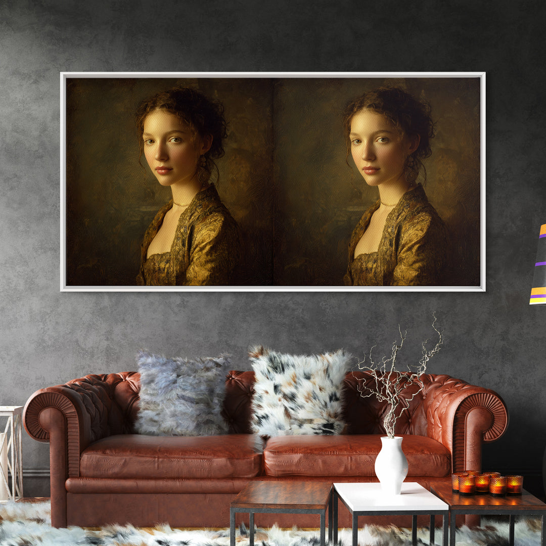 Gold Halo Portrait Framed Canvas Print, Renaissanceinspired Art, Neutral Decor, Living Room Decor, Fine Art, Classic, REN-2x1-1