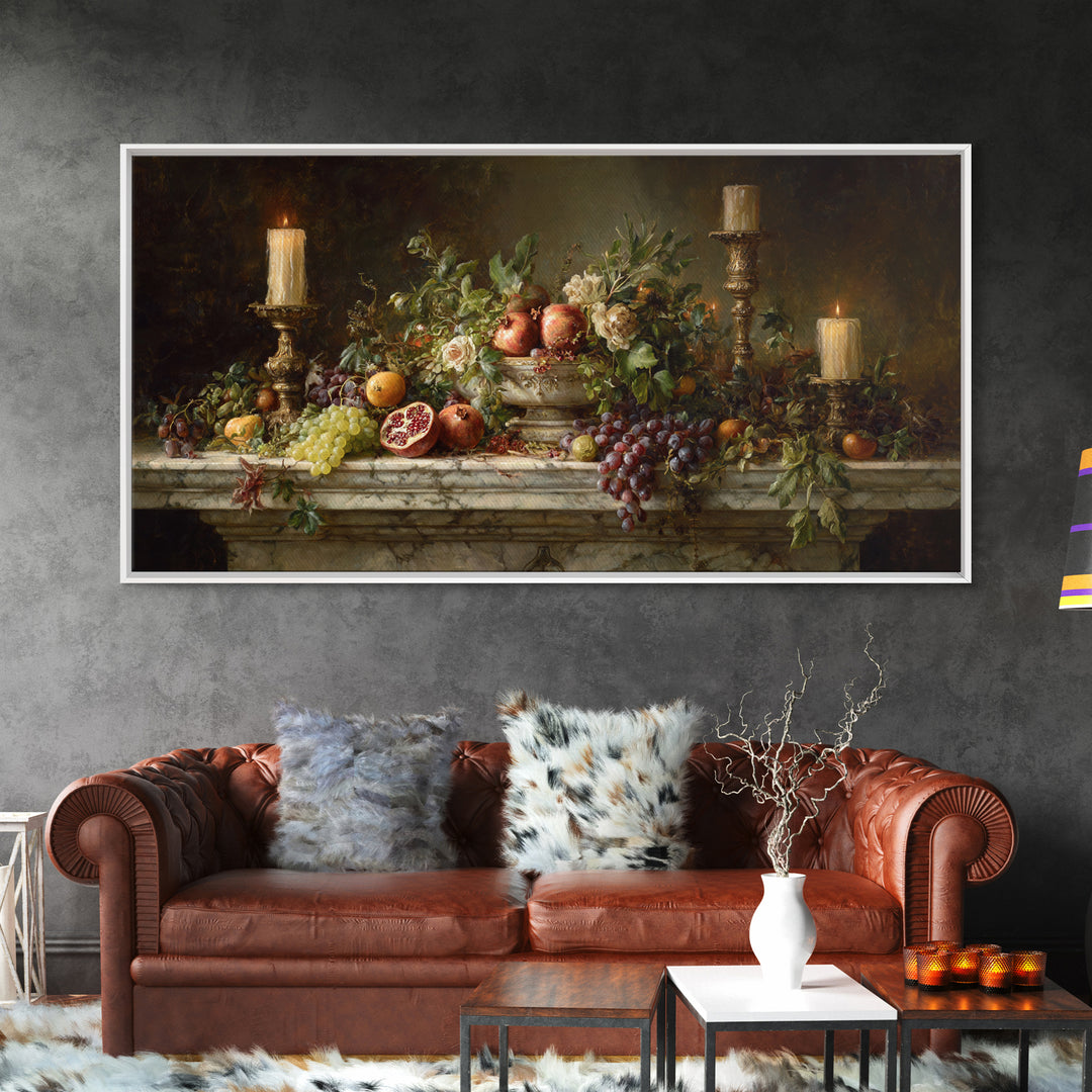 Pomegranate and Grapes on Marble Ledge Framed Canvas Print, Renaissanceinspired Art, Home Decor, Living Room Decor, Classic, REN-2x1-13