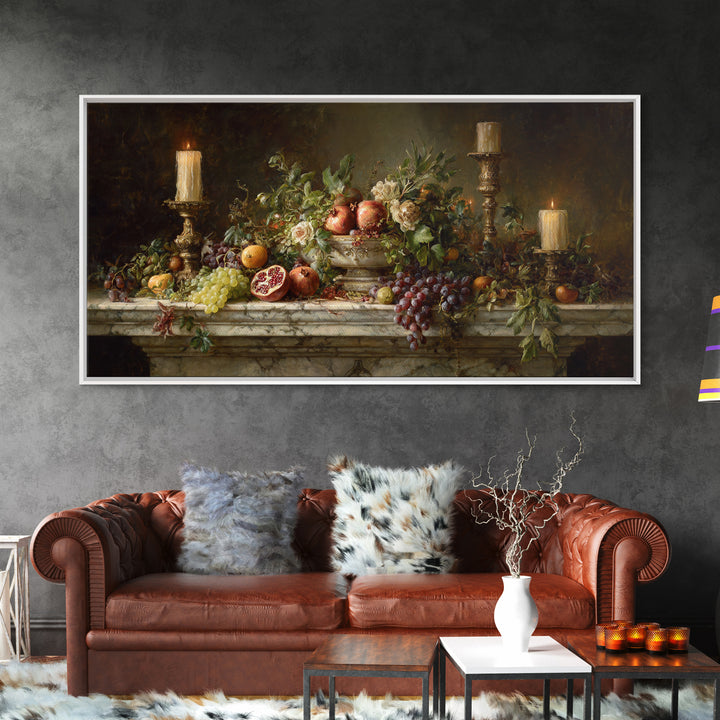 Pomegranate and Grapes on Marble Ledge Framed Canvas Print, Renaissanceinspired Art, Home Decor, Living Room Decor, Classic, REN-2x1-13