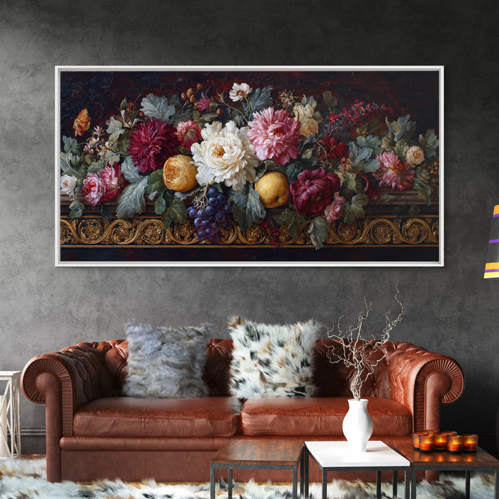 Floral Garland Surrounding a Classical Profile Canvas Print, Renaissanceinspired Art, Home Altar, Living Room Decor, Classic, REN-2x1-18