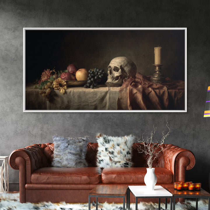 Old Master Skull and Candle Still Life Framed Canvas Print, Renaissanceinspired Art, Classic Art, Living Room Decor, Classic, REN-2x1-30