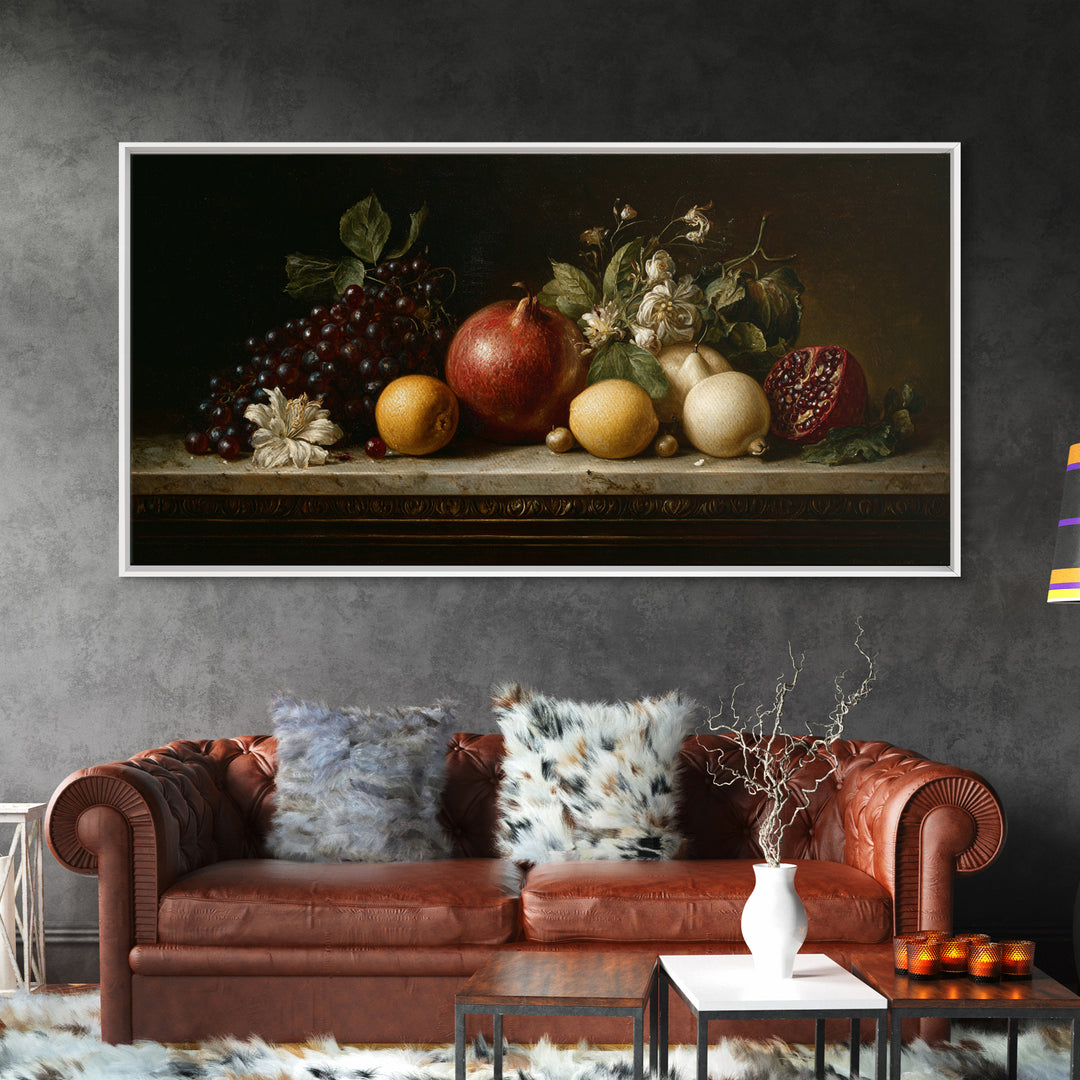 Oil Painted Fruit Still Life on Dark Canvas Print, Renaissanceinspired Art, Printable Art, Living Room Decor, Oil Painting, REN-2x1-47