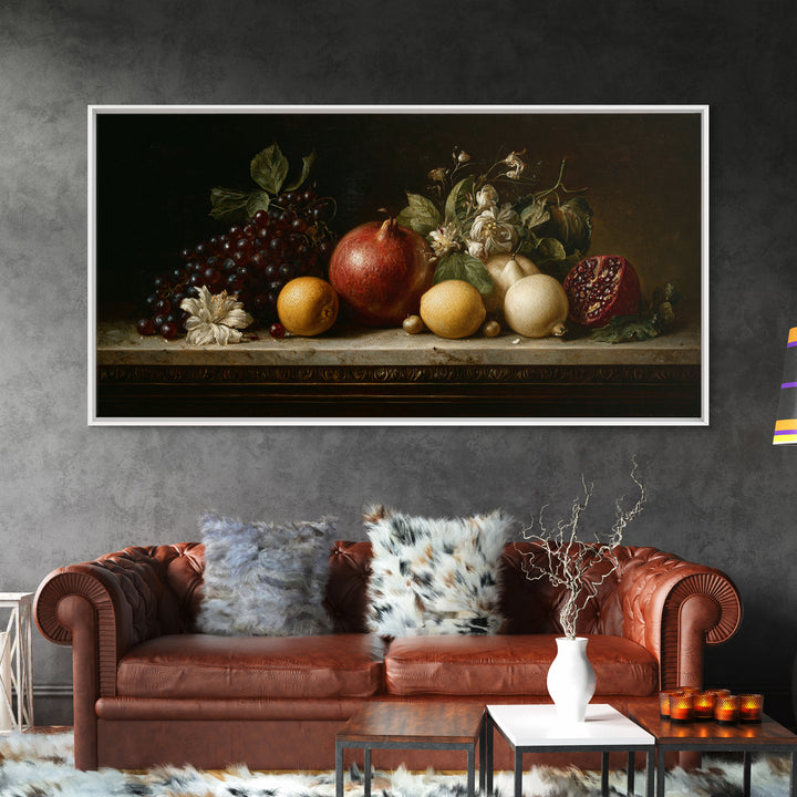 Oil Painted Fruit Still Life on Dark Canvas Print, Renaissanceinspired Art, Printable Art, Living Room Decor, Oil Painting, REN-2x1-47