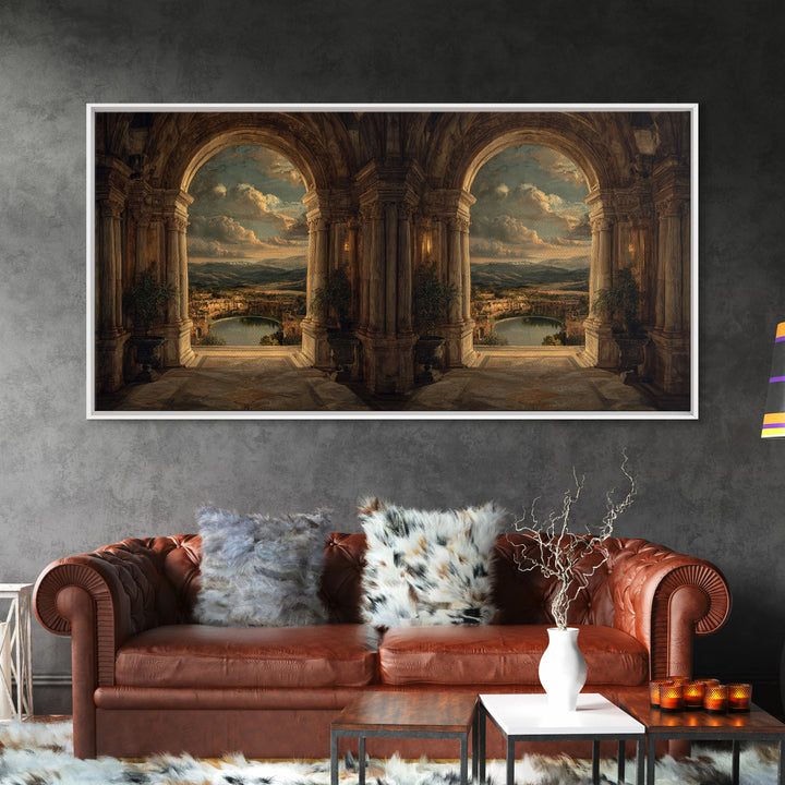Architectural Arch with Italian Landscape Beyond Canvas Print, Renaissanceinspired Art, Cat Painting, Living Room Decor, REN-2x1-79