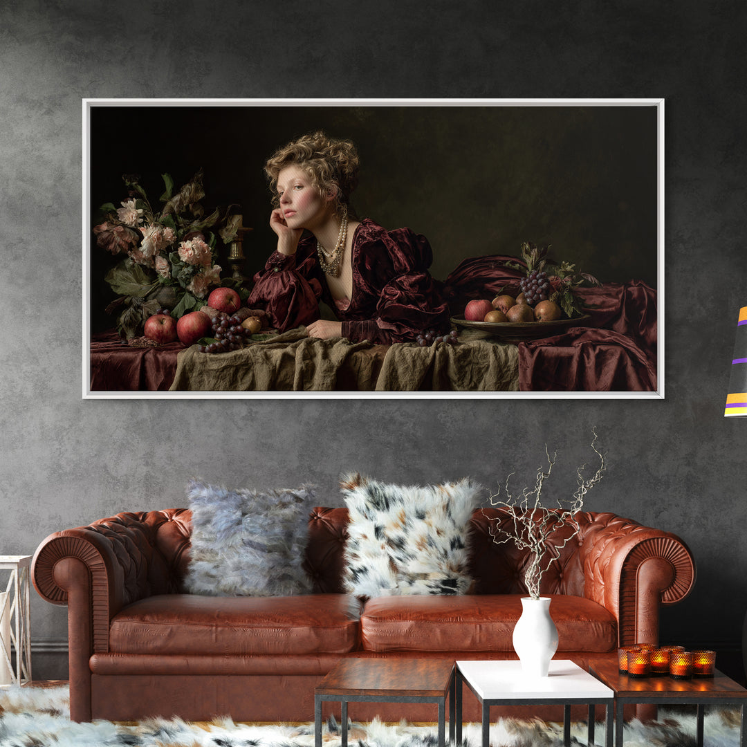 Portrait with Pearl Necklace and Velvet Dress Canvas Print, Renaissanceinspired Art, Boho Decor, Living Room Decor, Classic, REN-2x1-8