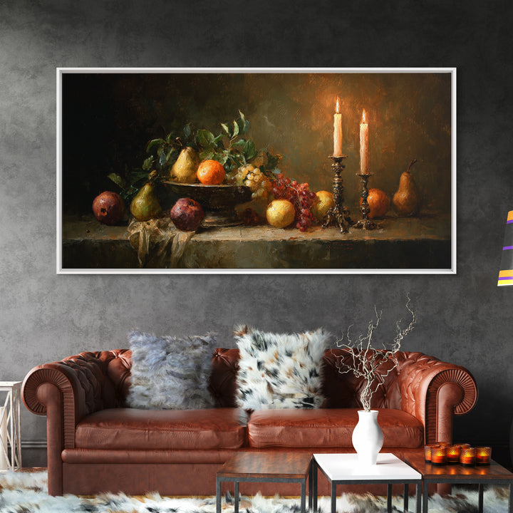Oil Painted Fruit Still Life on Dark Framed Canvas Print, Renaissanceinspired Art, Fantasy Decor, Living Room Decor, Classic, REN-2x1-95