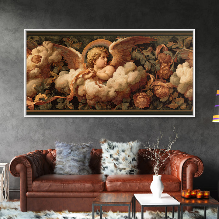 Cherub Holding a Ribbon Among Clouds Canvas Print, Renaissanceinspired Art, Living Room Decor, Watercolor Art, Classic, REN-2x1-98