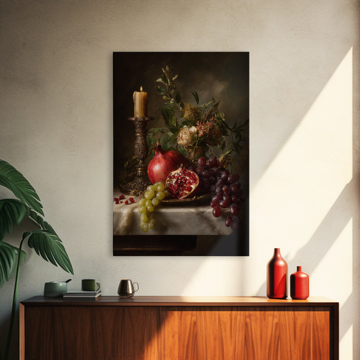 Pomegranate and Grapes on Marble Ledge Framed Canvas Print, Renaissanceinspired Art, Home Decor, Living Room Decor, Classic, REN-2x3-1
