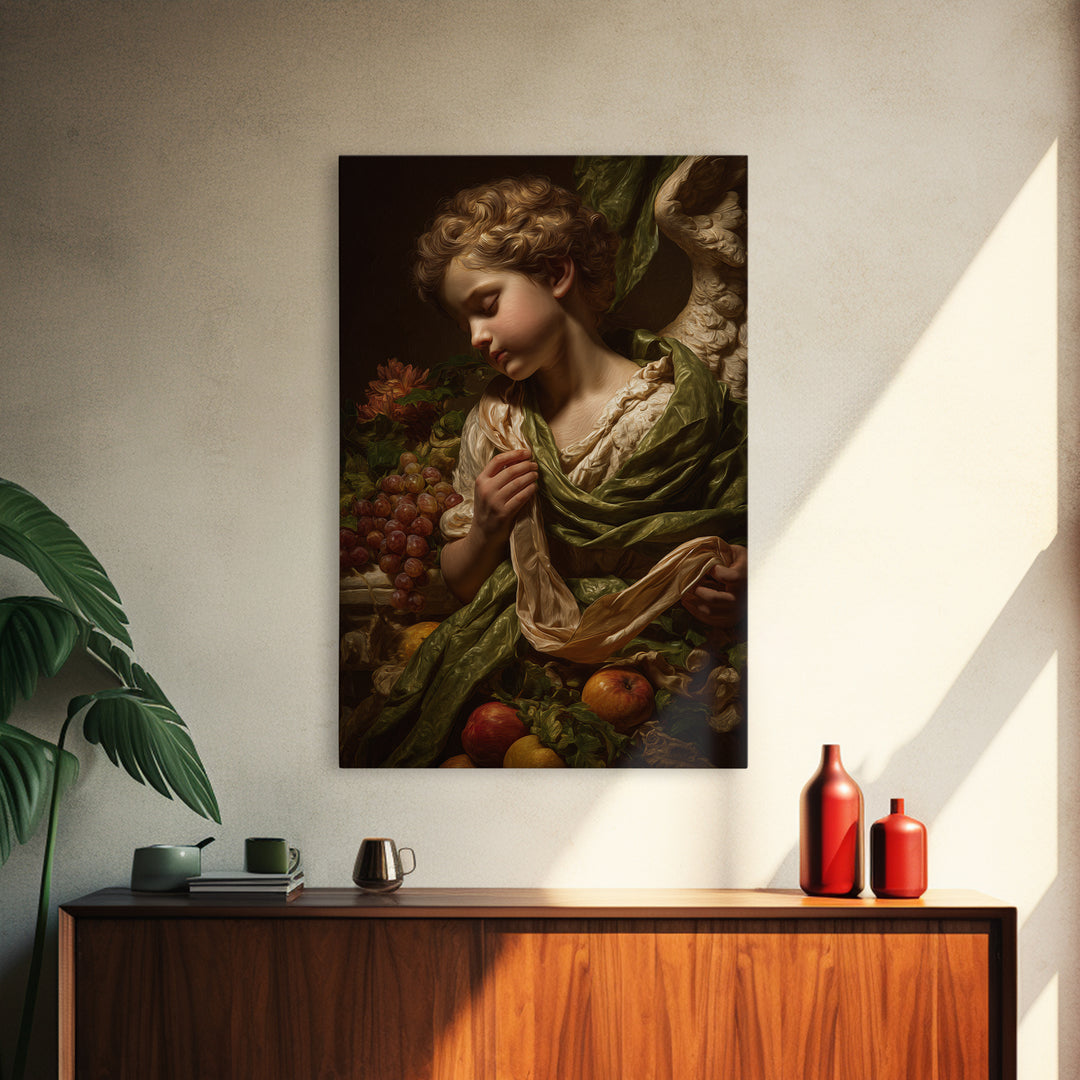 Cherub Holding a Ribbon Among Clouds Canvas Print, Renaissanceinspired Art, Elegant Home Decor, Living Room Decor, Oil Painting, REN-2x3-14