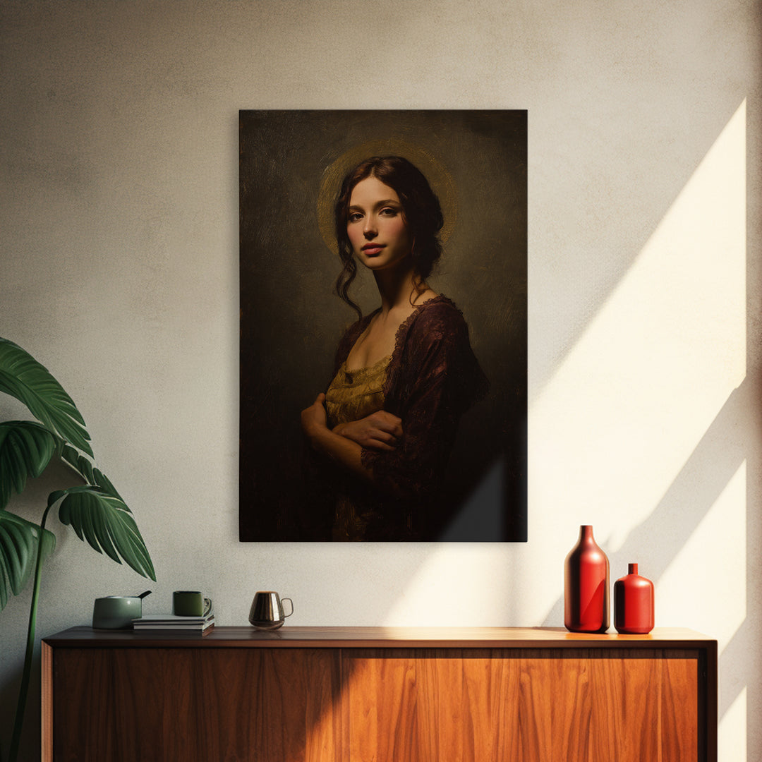 Gold Halo Portrait Framed Canvas Print, Renaissanceinspired Art, Neutral Decor, Living Room Decor, Fine Art, Classic, REN-2x3-37