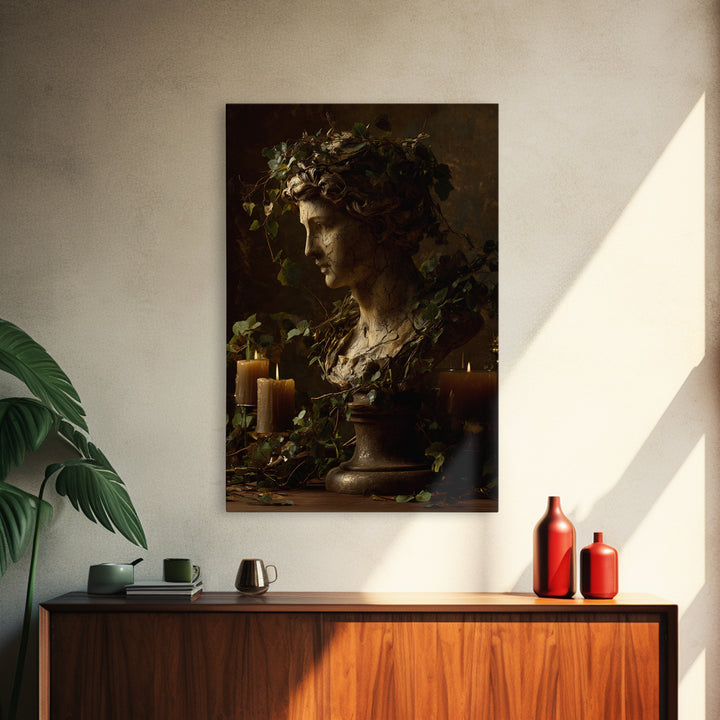 Classical Statue Bust Covered Framed Canvas Print, Renaissanceinspired Art, Floral Print, Living Room Decor, Oil Painting, REN-2x3-51