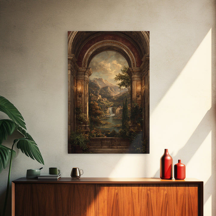 Architectural Arch with Italian Landscape Beyond Canvas Print, Renaissanceinspired Art, Floral Painting, Living Room Decor, REN-2x3-67