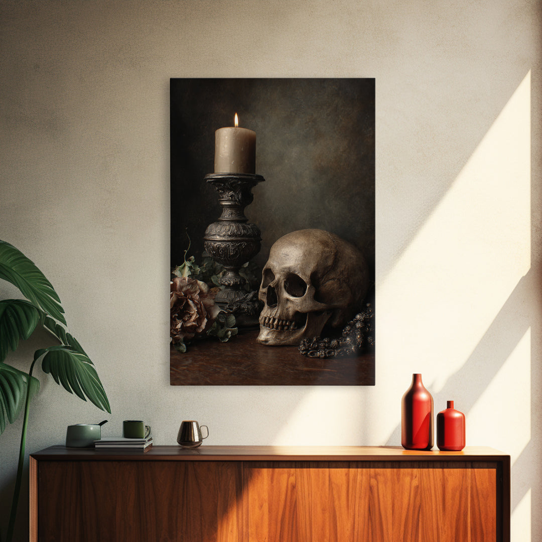 Old Master Skull and Candle Still Life Framed Canvas Print, Renaissanceinspired Art, Room Decor, Living Room Decor, Classic, REN-2x3-90
