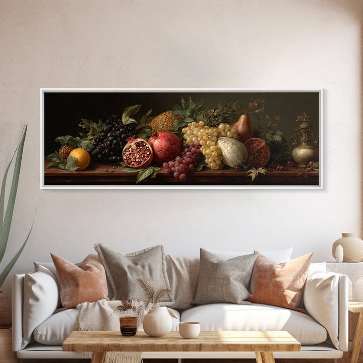 Oil Painted Fruit Still Life on Dark Canvas Print, Renaissanceinspired Art, Elegant Home Decor, Living Room Decor, Classic, REN-3x1-19