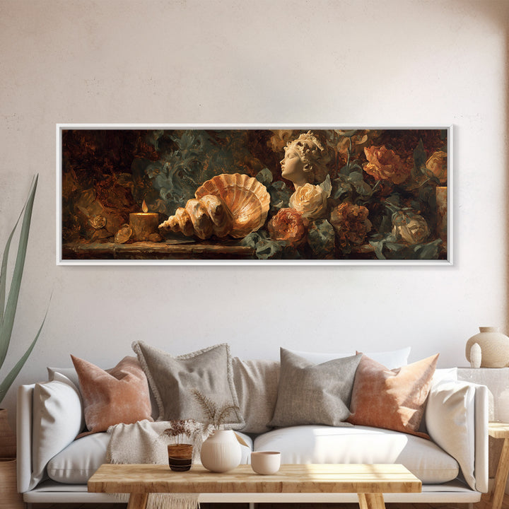 Venus Inspired Figure with Seashell and Roses Canvas Print, Renaissanceinspired Art, Romantic Art, Living Room Decor, Classic, REN-3x1-20