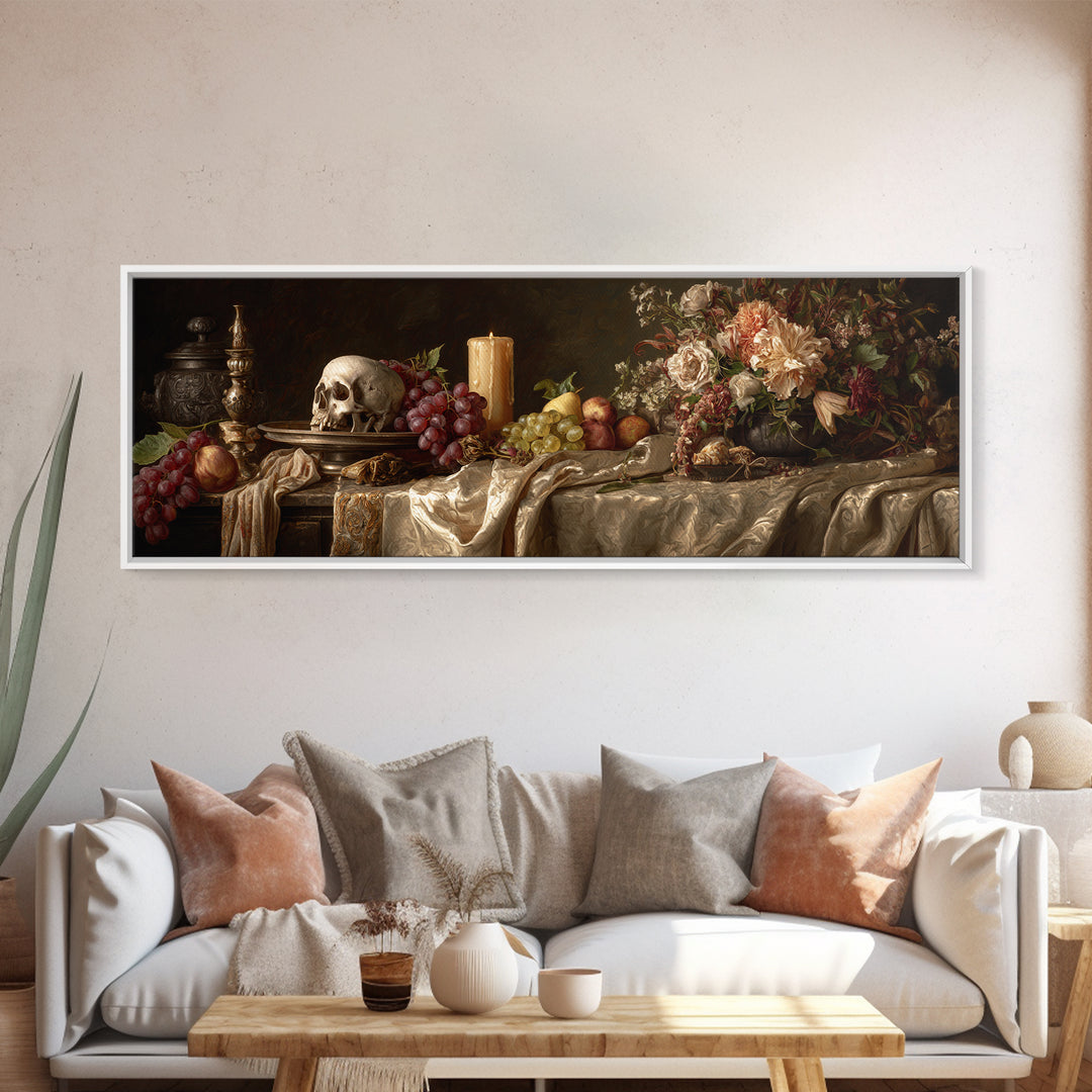 Old Master Skull and Candle Still Life Canvas Print, Renaissanceinspired Art, Digital Art, Living Room Decor, Watercolor Art, REN-3x1-26