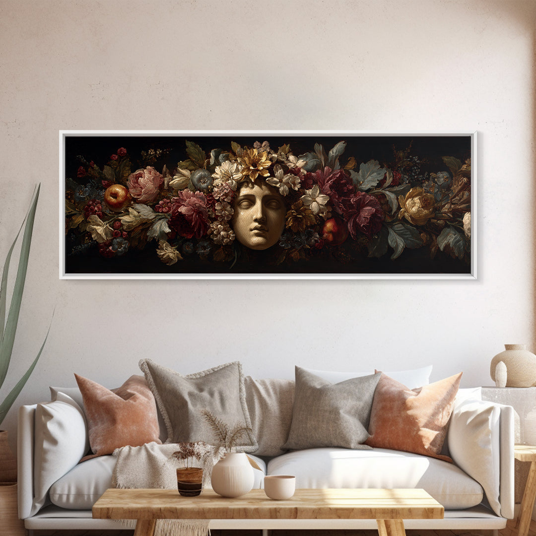 Floral Garland Surrounding a Classical Profile Canvas Print, Renaissanceinspired Art, Painting from Photo, Living Room Decor, REN-3x1-62