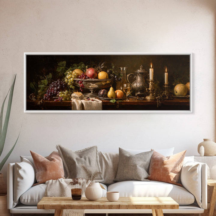 Oil Painted Fruit Still Life on Dark Framed Canvas Print, Renaissanceinspired Art, Wall Art, Living Room Decor, Abstract Art, REN-3x1-67