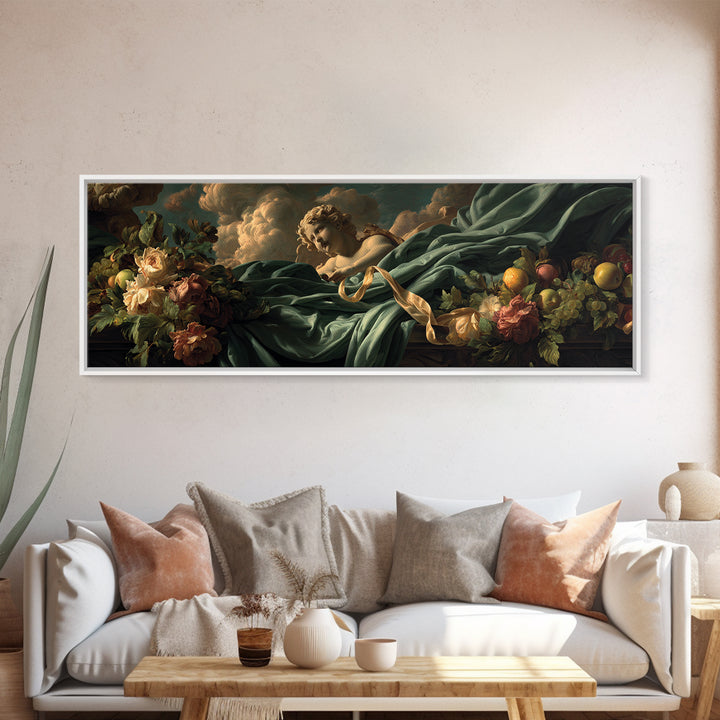 Cherub Holding a Ribbon Among Clouds Canvas Print, Renaissanceinspired Art, Elegant Home Decor, Living Room Decor, Oil Painting, REN-3x1-70