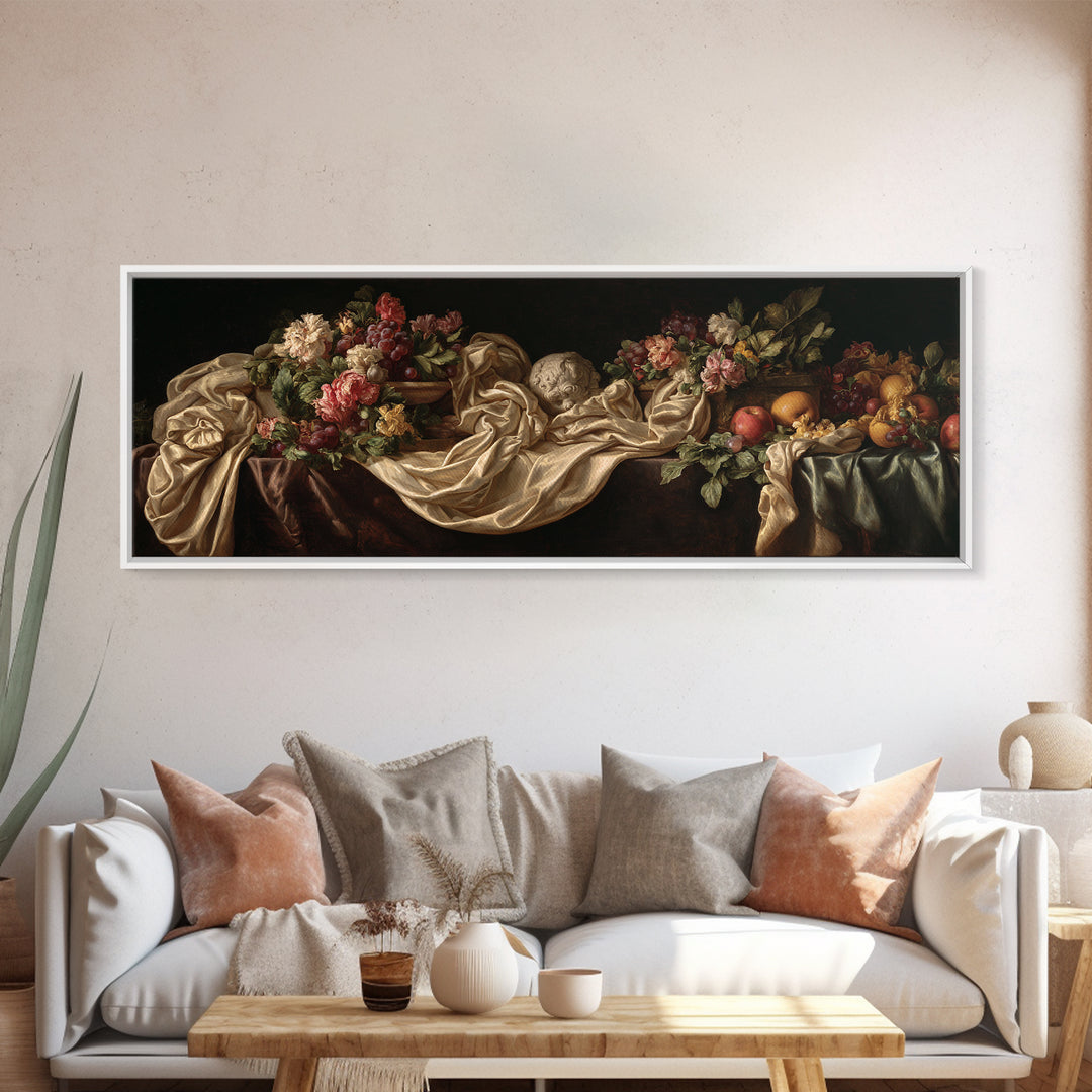 Floral Garland Surrounding a Classical Profile Canvas Print, Renaissanceinspired Art, Minimalist Decor, Living Room Decor, REN-3x1-86