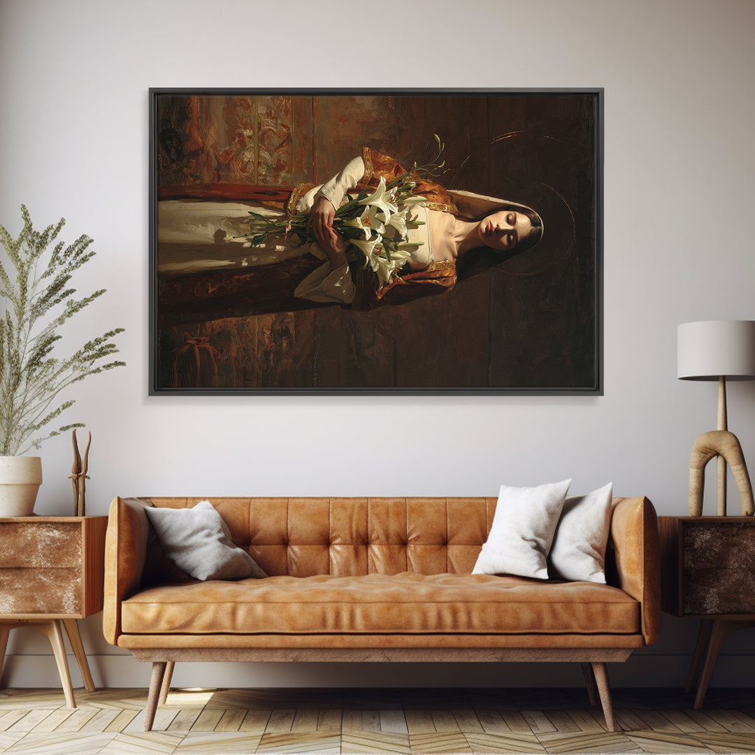 Saint Like Figure Holding White Lilies Canvas Print, Renaissanceinspired Art, Digital Art, Living Room Decor, Oil Painting, REN-3x2-17