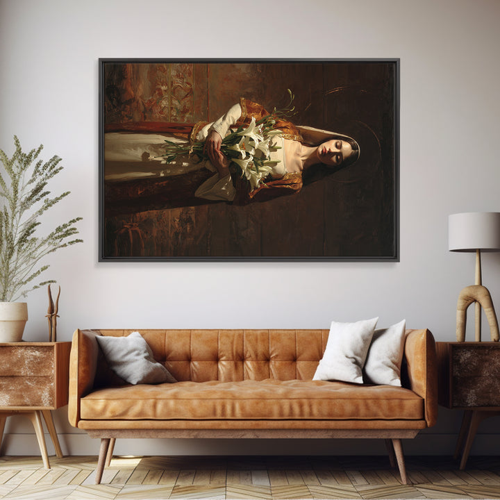 Saint Like Figure Holding White Lilies Canvas Print, Renaissanceinspired Art, Digital Art, Living Room Decor, Oil Painting, REN-3x2-17