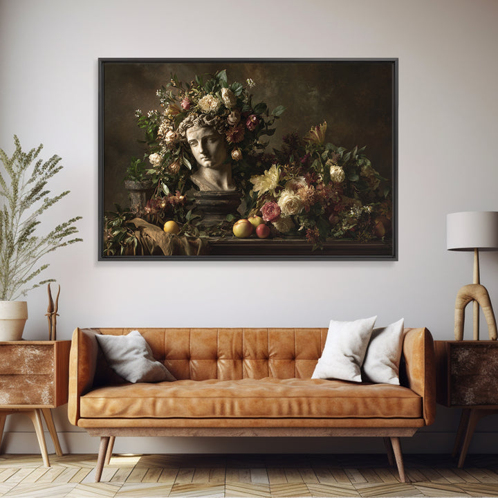 Floral Garland Surrounding a Classical Profile Canvas Print, Renaissanceinspired Art, Minimalist Decor, Living Room Decor, REN-3x2-26
